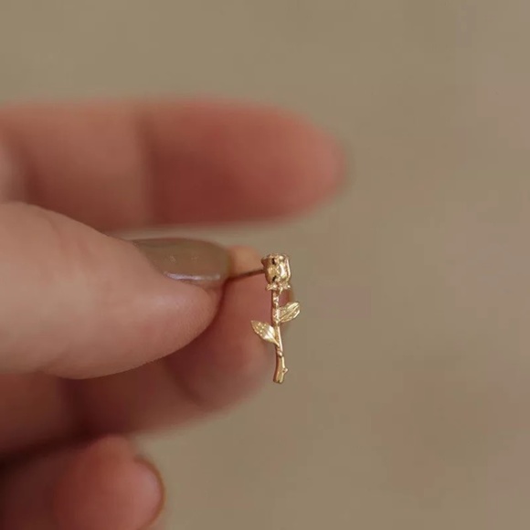 Sterling Silver Gold Toned Rose and Stem Flower Earrings - Picture 4 of 5